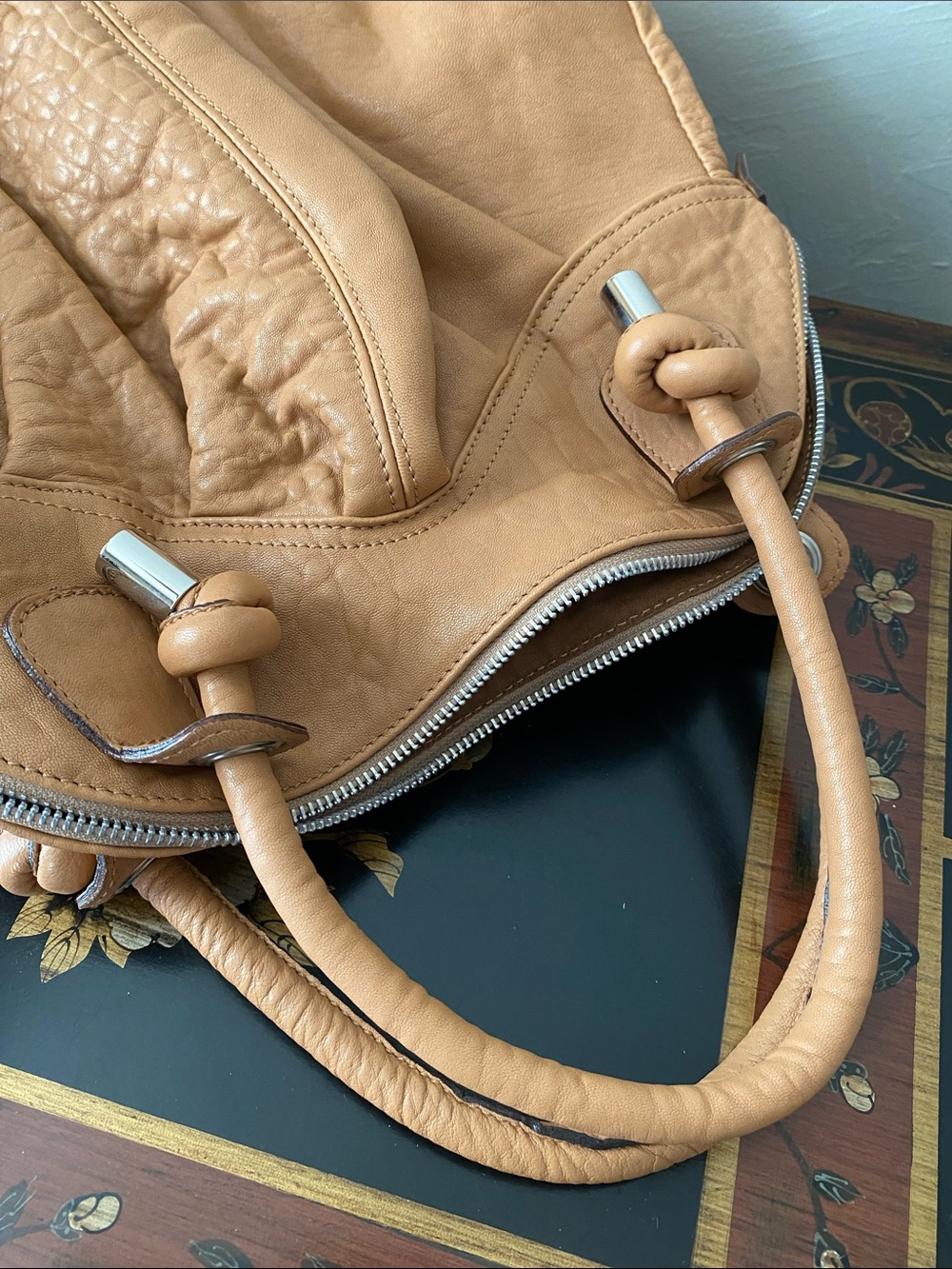 Sundance Caramel Brown Gathered Leather Hobo Bag w Silver Accents - Picture 6 of 6